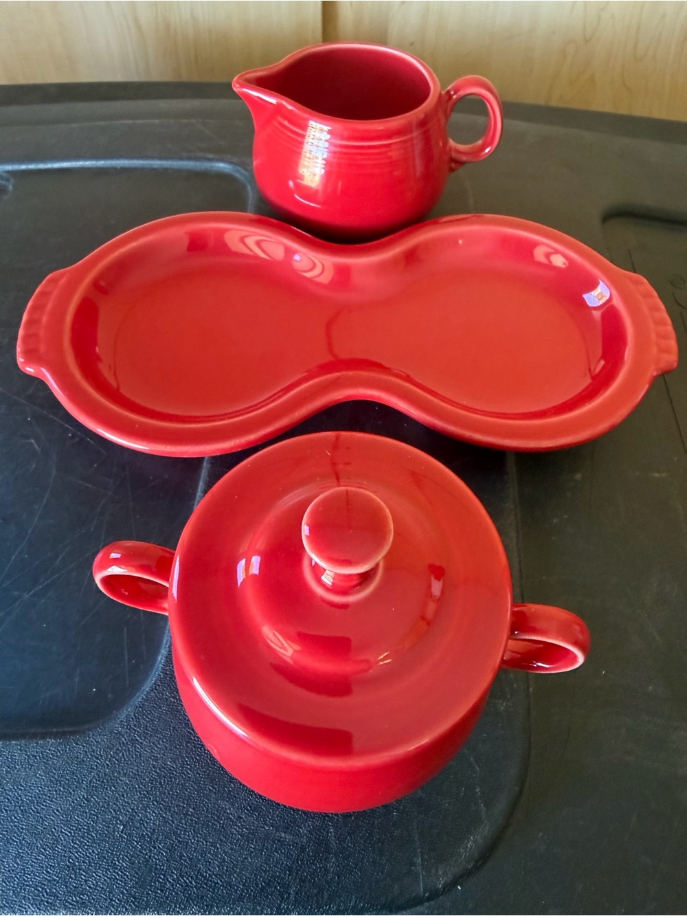 Red Ceramic Sugar and Creamer Set with Serving Tray and Salt and pepper set. - Picture 3 of 4